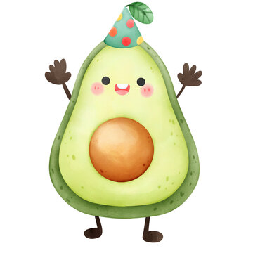 Cheerful Easter-themed image featuring a funny avocado character wearing birthday party hat watercolor