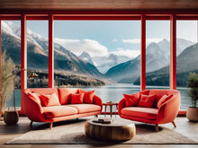 Coral Color Sofa And Armchair Against Window With River And Mountain View. Scandinavian Home Interior Design Of Modern Living Room In Chalet 