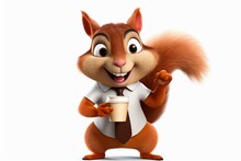 A Cartoon Squirrel Holding A Coffee Cup On A White Background