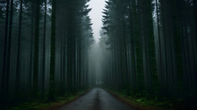 A Forest Road In A Thicket Of Fog