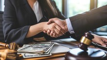 Shaking Hands, Bribery Of Female Asia Japanese Chinese Lawyer People Earn Dollars After Winning A Lawsuit. Extorting Money From Clients In Legal Cases 