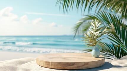 Summer product display on wooden podium at sea tropical beach