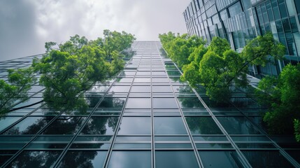 Selective focus on tree and eco friendly building with vertical garden in modern city. Green tree forest on sustainable glass building. Office building with green environment. Go green concept.