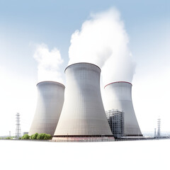 Nuclear power plant with cooling towers isolated on white background, cinematic, png
