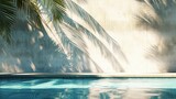 Fototapeta Do akwarium - Tropical summer background with concrete wall, pool water and palm leaf shadow. Luxury hotel resort exterior for product placement. Outdoor vacation holiday house scene, neutral architecture aesthetic