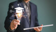 Businessman show light bulb graduation hat. Study E-learning graduate certificate program concept. Internet education course degree, online teacher training knowledge creative thinking idea solution