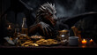The black dragon alchemist creates gold. Detailed photorealistic stern character for design.