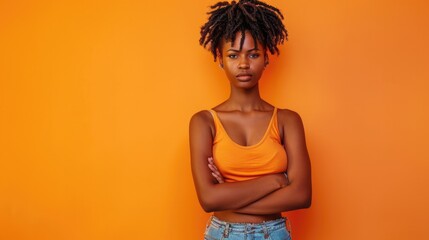 Wall Mural - Young cool black woman wearing a tank top and jeans posing with arms crossed and an attitude in front of an orange studio background with copy space .