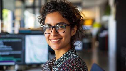 Young successful Indian IT developer female engineer working inside the office of a development company portrait of a female programmer with curly hair and glasses, smiling and looking at the camera. 