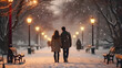 Silhouette of a couple in love (back view) in a winter evening park. Valentine's day concept