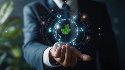 businessman hand holding a green leaf, enviromental concept