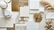 Modern flat lay composition in white and gold color palette with textile and paint samples, lamella panels and tiles. Architect and interior designer moodboard. Top view. Copy space. Template 
