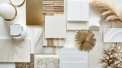 Modern flat lay composition in white and gold color palette with textile and paint samples, lamella panels and tiles. Architect and interior designer moodboard. Top view. Copy space. Template 