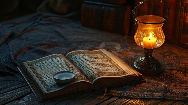 Ramadan Wallpaper idea, A book and candle lamp on a table. 