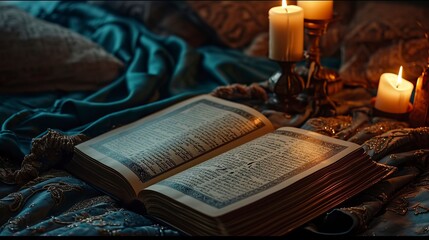 Ramadan Wallpaper idea, A book and candle lamp on a table. 