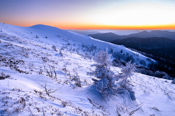 Wall Mural - Winter sunset in the mountains. The Mount Rozsypaniec, Bieszczady National Park, Poland.