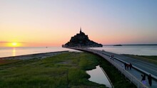 Mont Saint Michel, Aerial Drone View Of Iconic Island And Benedictine Monastery Protected By UNESCO, Normandy, France, 4k