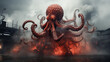 A giant red octopus, with splashes of black and white smoke , generate AI
