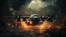  A Large And Powerful Hercules Plane In The Middle Of War, Preparing To Shoot Targets, War Background , Generate AI