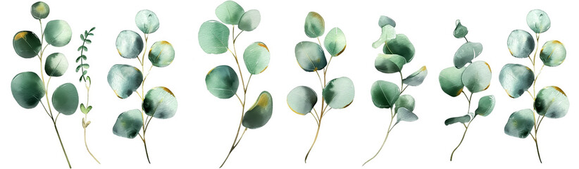 Wall Mural - Watercolor eucalyptus branches with varied leaf arrangements, isolated on a white background