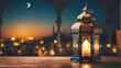 Eid-Ul-Adha festival celebration.Arabic Ramadan Lantern on wooden table.Decoration lamp. Crescent moon and the stars.