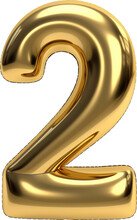 Number "2" Made From Shiny Metallic Gold Number Balloon Isolated On Transparent Background. PNG
