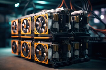 Wall Mural - Interior view of bitcoin miner device on stand in a crypto mining farm. Photorealistic.