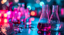 Laboratory Glassware With Colorful Liquids Representing Scientific Research And Health.