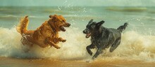 Two Canines, One Ebony And One Golden Caramel, Frolic Together On The Sandy Shore, Amidst The Waves.