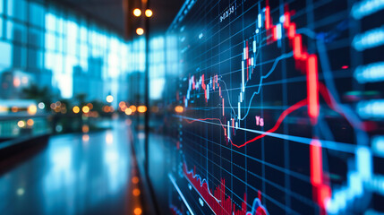 Abstract financial background with graphs, charts, and digital display of market data.