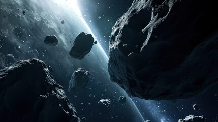 Close-up view of asteroid floating in space in large quantity.