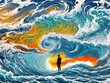 Abstrakte Illustration der Silhouette eines Menschen am Meer mit großen Wellen