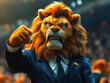 An AI generative image of angry and furious lion as football manager in the stadium.