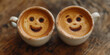 Kaffee in Tassen mit lustige lachenden Gesichter im Milchschaum im Querformat für Banner, ai, generativ