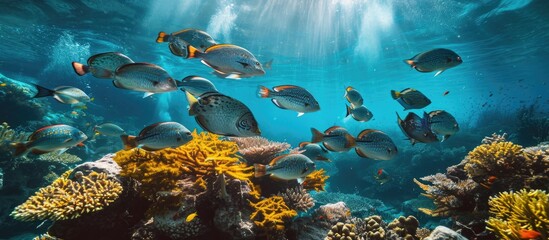 Canvas Print - Underwater photography captures marine life, including a school of sea breams and a coral reef.
