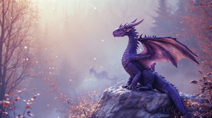 Wall Mural - Cute baby dragon stand resting with its wings folded in a foggy forest.