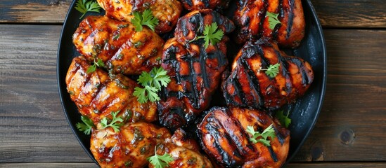 Wall Mural - Assorted plate of grilled chicken pieces, viewed from above.