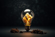creativity ideas concept with light bulb and wood sawdust on black stone table vintage color tone