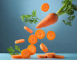 Fresh carrot slices falling on light blue background