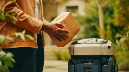 Close-up View Of A Black Woman As She Retrieves a Package From a Futuristic Delivery Robot. Future Of Delivery. Technological Innovation and Robotics