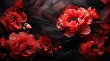 Dark Elegant Wallpaper Made Of Red And Black Tulle Fabric With Vibrant Red Flowers