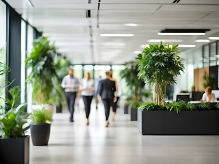 Bright business workplace with people in walking in blurred motion in modern office space. of green plants of deep forest style. Business people working in a luxurious office space is busy.