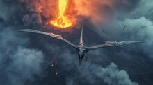 Flying Dinosaur, Pterodactyl, Flying Over An Erupting Volcano With Fire Flame Smoke In Prehistoric Environment. Photorealistic.
