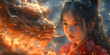 Roter Chinesischer Drache mit kleinen Mädchen zum Jahreswechsel als Symbol im Querformat für Banner, ai generativ