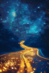 Wall Mural - Surrounded by a starry sky, Bright stars, In the universe, A golden road in the starry sky, The road from top to bottom, Oriental aesthetics, Chinese traditional art, negative space, satellite image.
