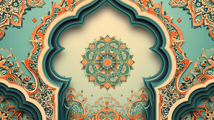 Wall Mural - Oriental style Islamic Ramadan mubarak windows and arches with modern style design, door mosque, mosque dome and lantern