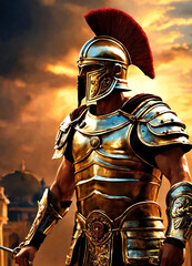 Wall Mural - Roman male legionary, legionaries wear helmet with crest, long sword and scutum shield, heavy infantryman, realistic soldier of the army of the Roman Empire, on Rome background. Warrior Gladiator