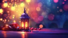 Ornamental Arabic Lantern And Dates Fruit With Glowing Background And Golden Glittering Bokeh Lights. Ramadan Mubarak, Muslim Holidays, Festive Greeting Card, Banner Design For Muslim Holy Month.
