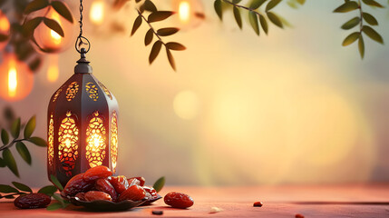 Ramadan lantern with arabian lamp, dates fruit and sparkling golden. Concept of iftar