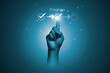 © Dilok - Hand touching to tick correct mark in checklist with progressive loading status to remind work task progressive for project develop management and tracking concept.